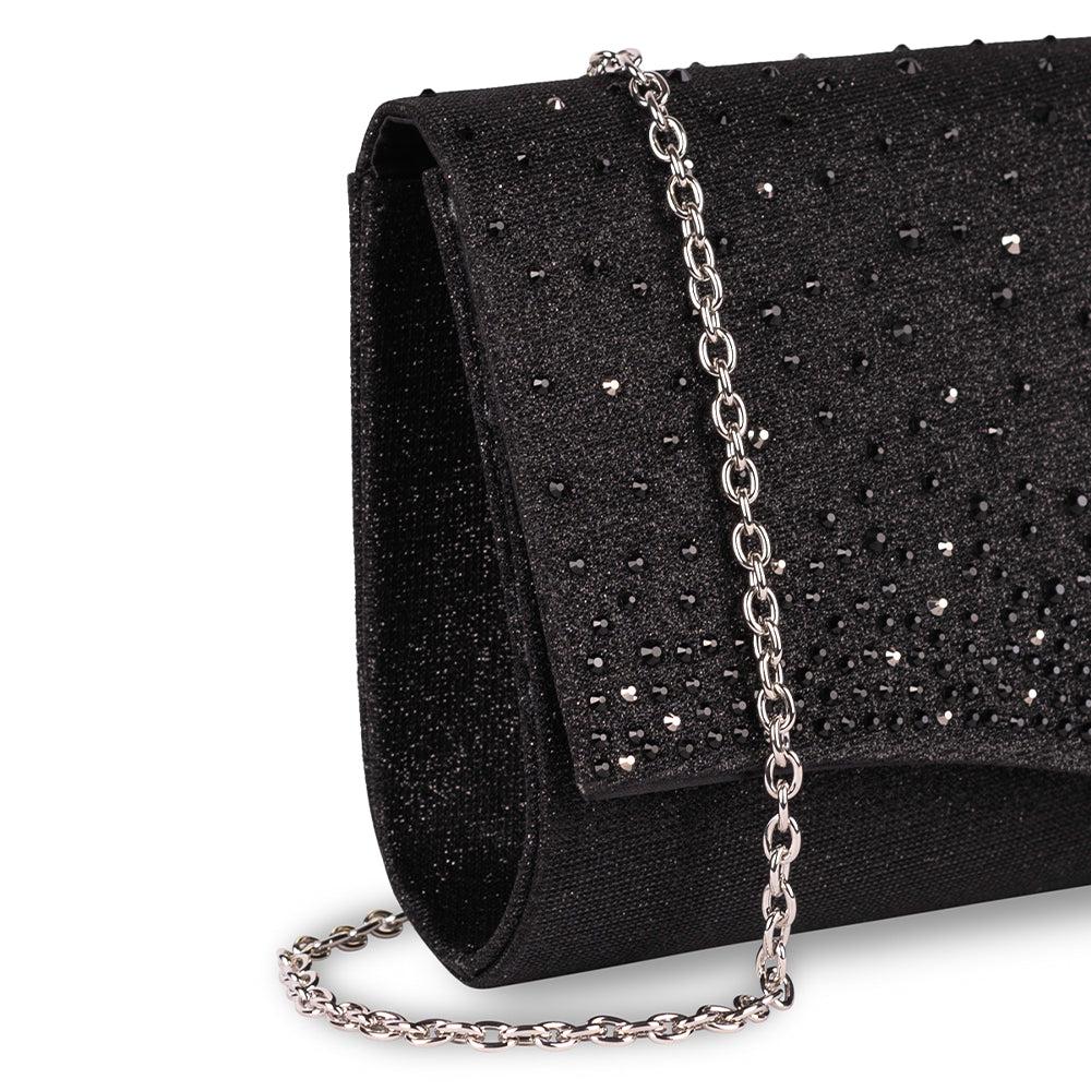 Paradox London Deja Clutch Bag Black Glitter Clutch Bag