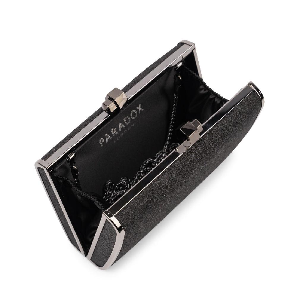 Paradox London Devica Clutch Bag Black Glitter Box Clutch Handbag