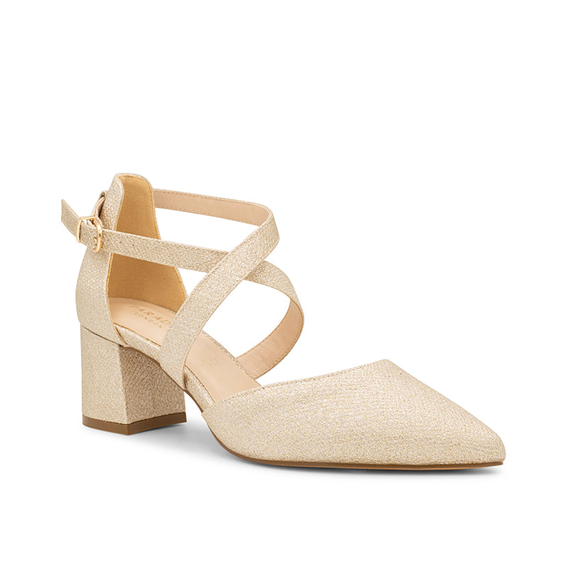 Paradox London Farrah Wide Fit Shoes Champagne Shimmer Wide Fit Mid Block Heels