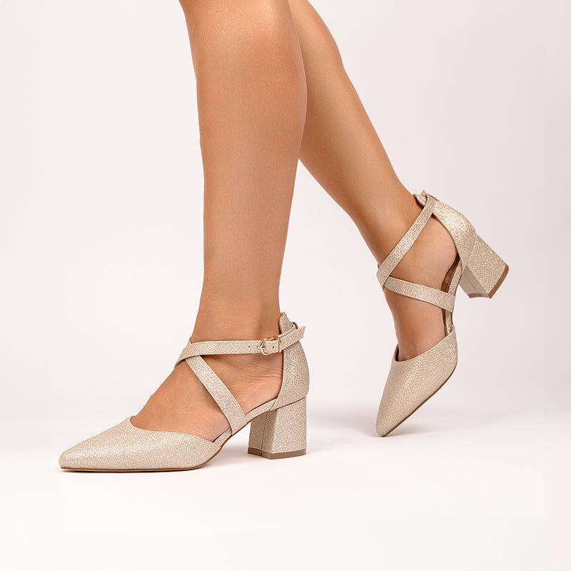 Paradox London Farrah Wide Fit Shoes Champagne Shimmer Wide Fit Mid Block Heels