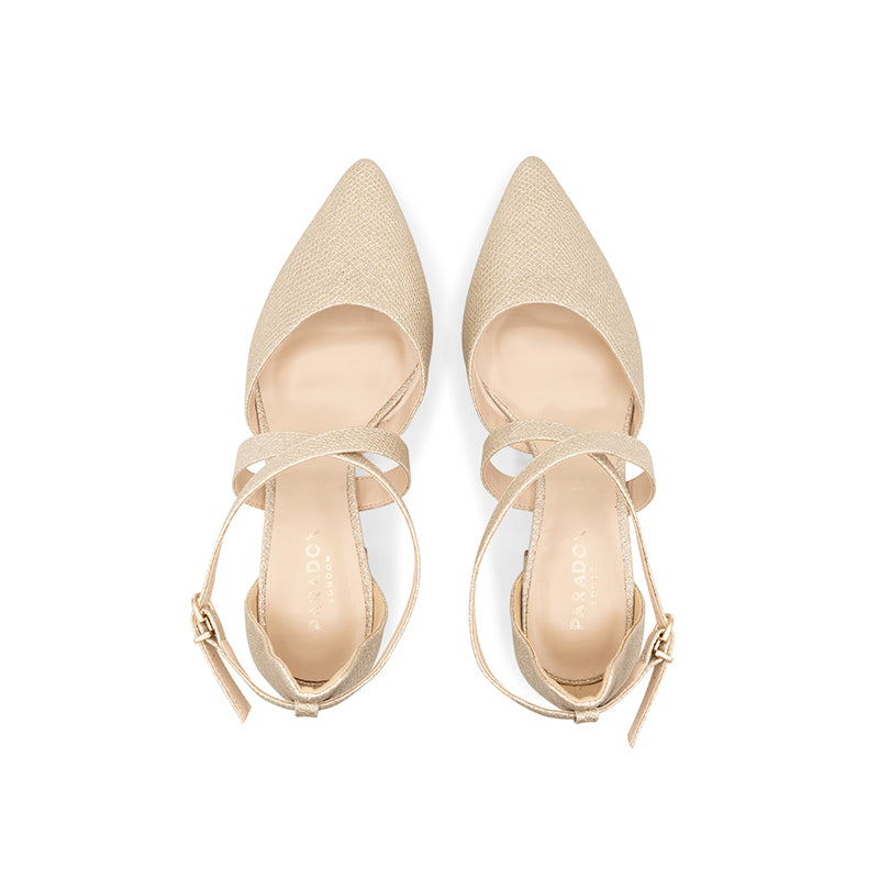 Paradox London Farrah Wide Fit Shoes Champagne Shimmer Wide Fit Mid Block Heels