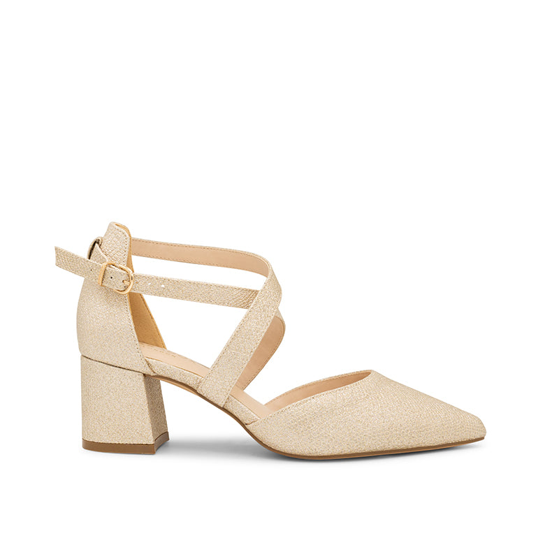 paradox london Farrah Wide Fit Shoes Champagne Shimmer Wide Fit Mid Block Heels