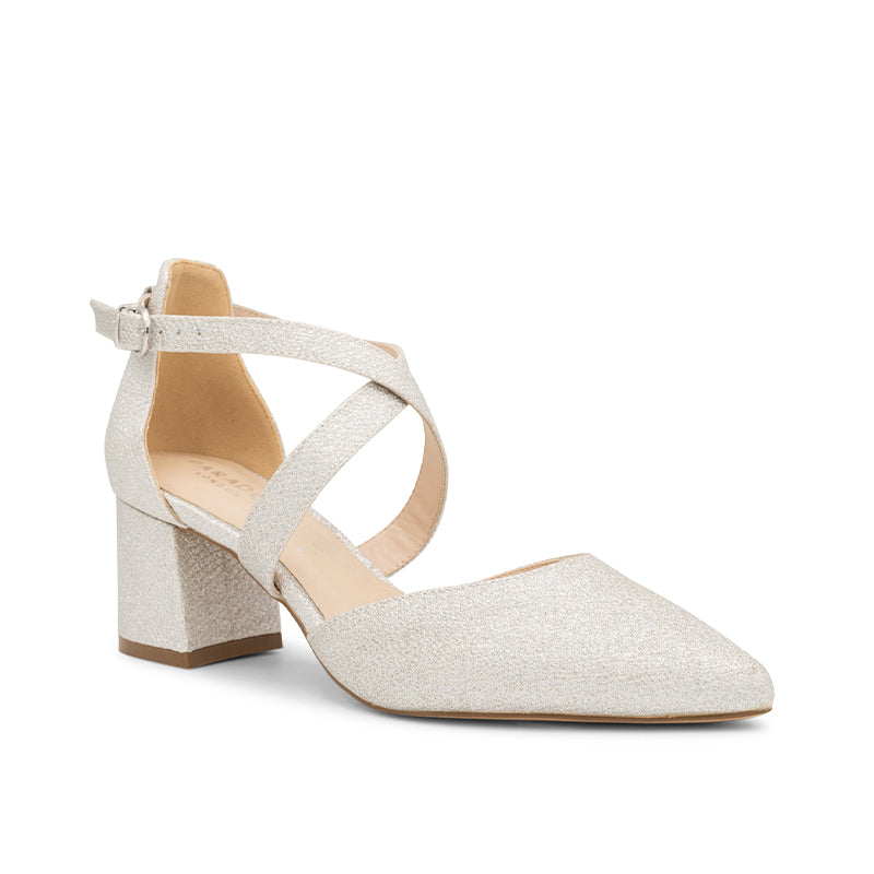 Paradox London Farrah Wide Fit Shoes Silver Shimmer Wide Fit Mid Block Heels