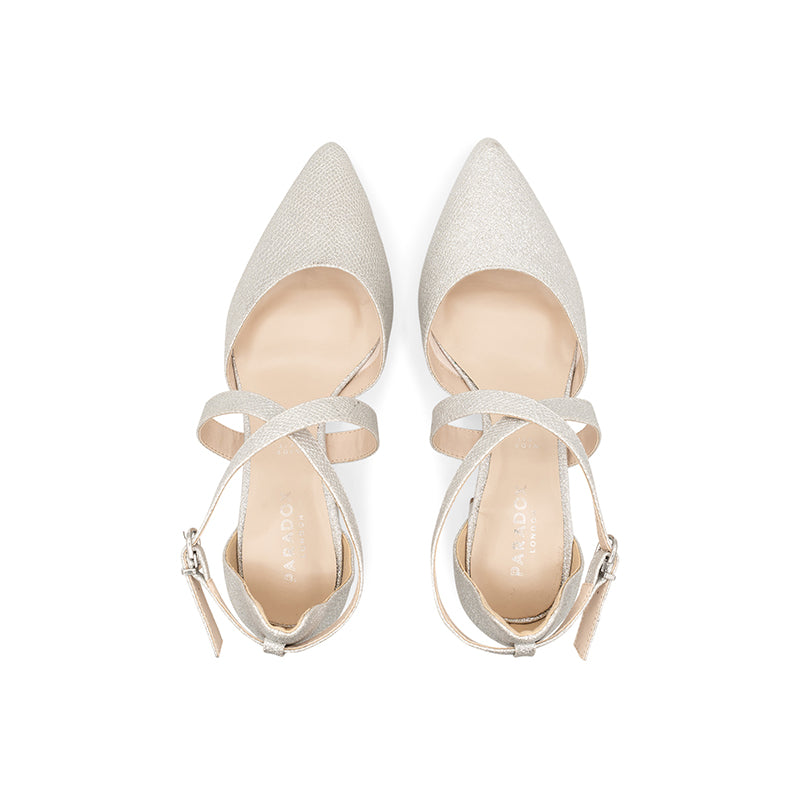Paradox London Farrah Wide Fit Shoes Silver Shimmer Wide Fit Mid Block Heels