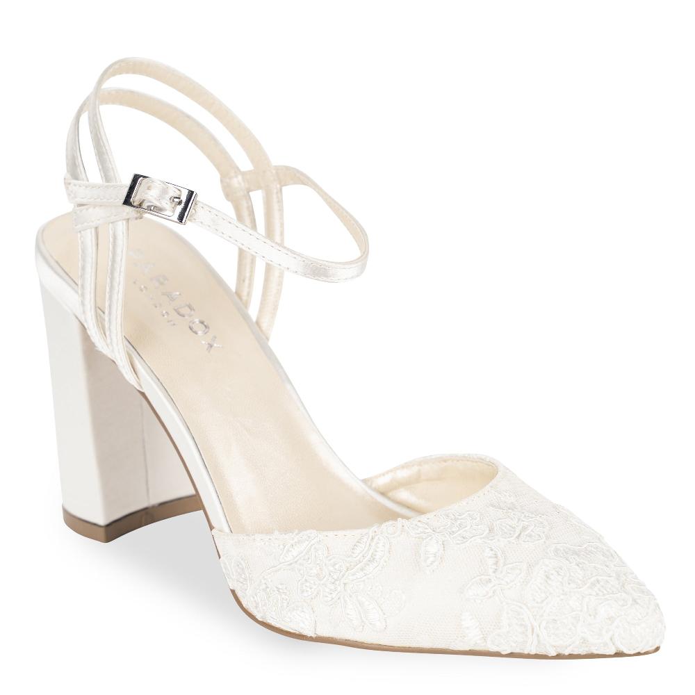 Paradox London Fauna Wedding Shoes Ivory Satin And Lace High Block Heel Court Shoes
