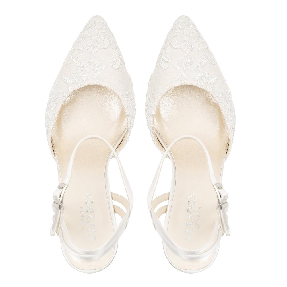 Paradox London Fauna Wedding Shoes Ivory Satin And Lace High Block Heel Court Shoes