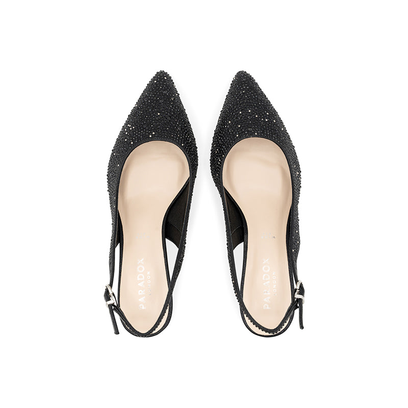 Paradox London Fiora Wide Fit Heels Black Diamante Wide Fit Slingback Kitten Heel