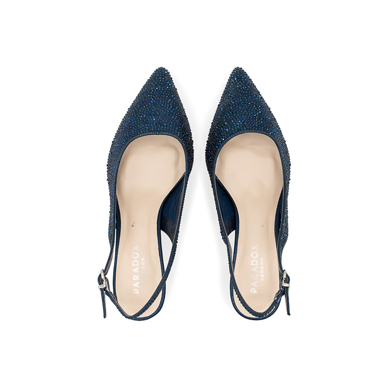 Paradox London Fiora Wide Fit Heels Navy Diamante Wide Fit Slingback Kitten Heel