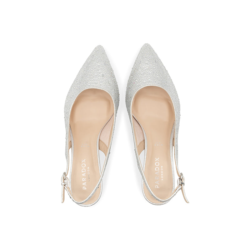 Paradox London Fiora Wide Fit Heels Silver Dimante Wide Fit Slingback Kitten Heel