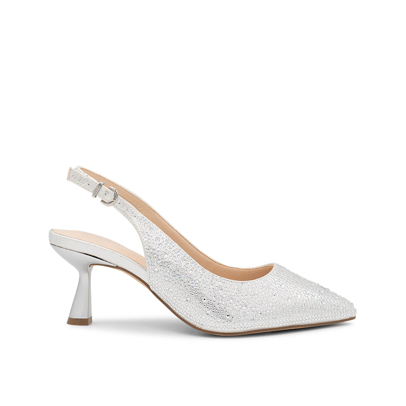 paradox london Fiora Wide Fit Heels Silver Dimante Wide Fit Slingback Kitten Heel