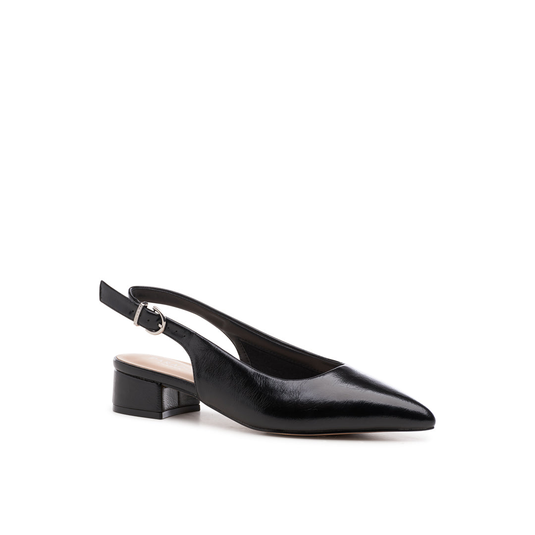 Paradox London Fiorenza Wide Fit Shoes Black Lacquer Faux Leather Low Block Heel