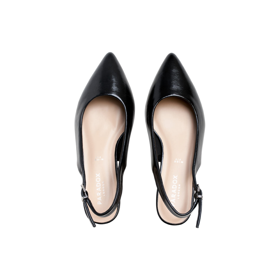 Paradox London Fiorenza Wide Fit Shoes Black Lacquer Faux Leather Low Block Heel