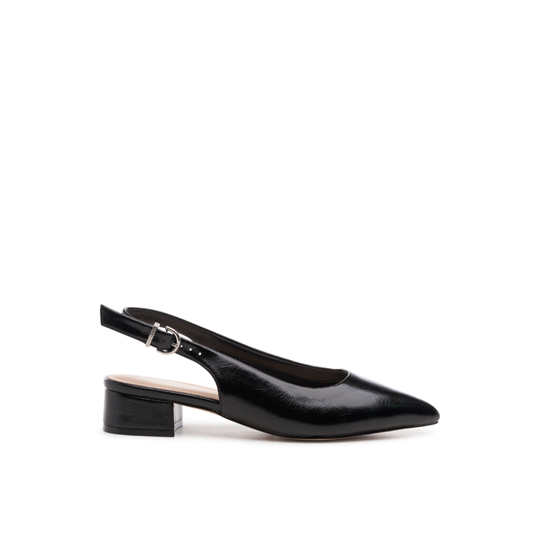 paradox london Fiorenza Wide Fit Shoes Black Lacquer Faux leather Low Block Heel