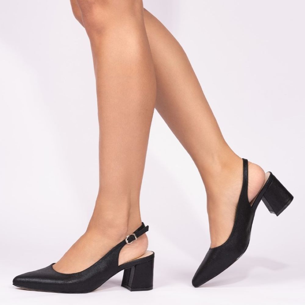 Paradox London Flynn Wide Fit Heels Black Shimmer Wide Fit Block Heel Slingback Court Shoe