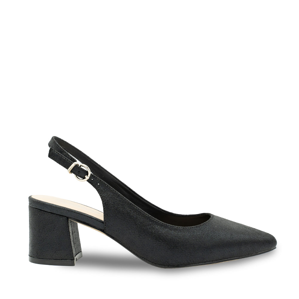 paradox london Flynn Wide Fit Heels Black Shimmer Wide Fit Block Heel Slingback Court Shoe
