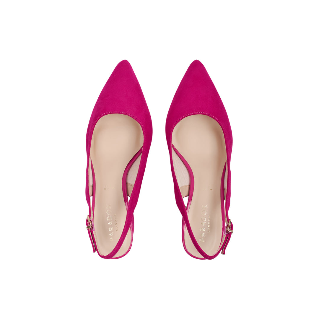 Paradox London Flynn Wide Fit Heels Fushia Microsuede Block Heel Sling Back