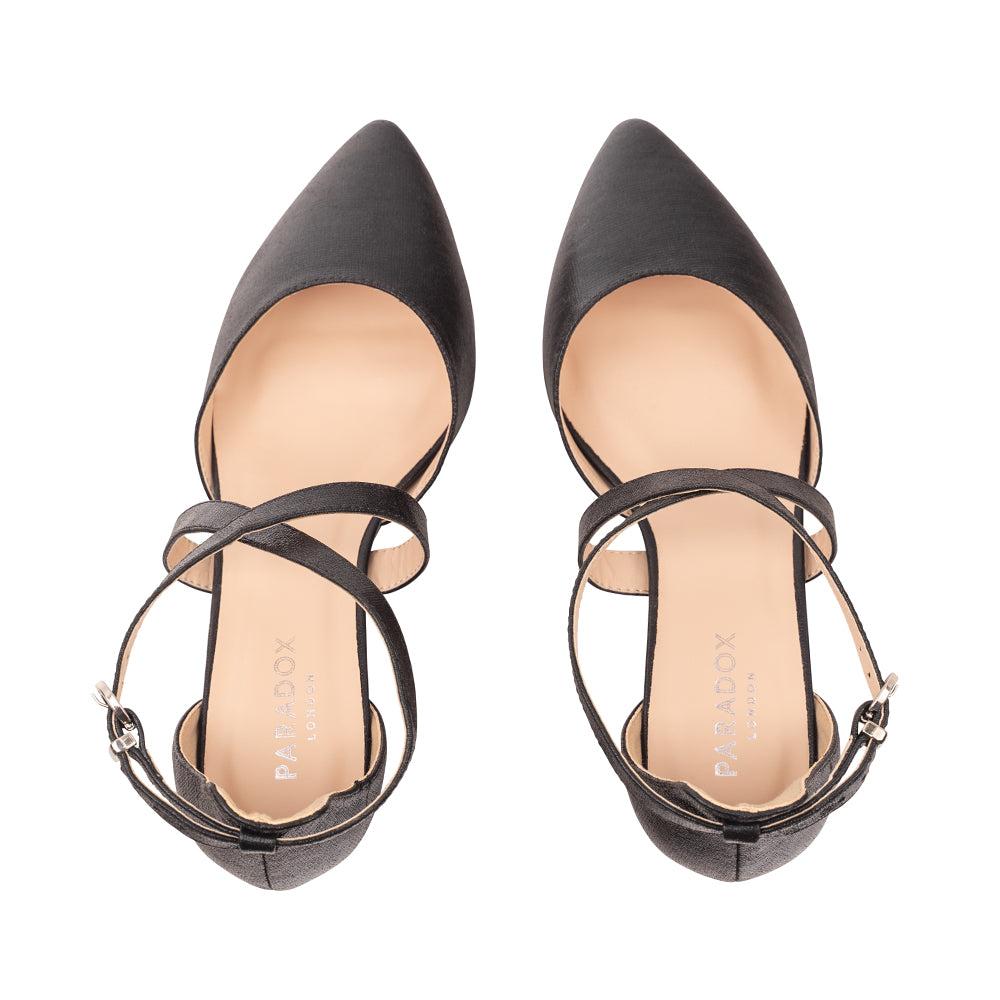 Paradox London Fran Wide Fit Heels Black Shimmer Wide Fit Low Block Court Shoe
