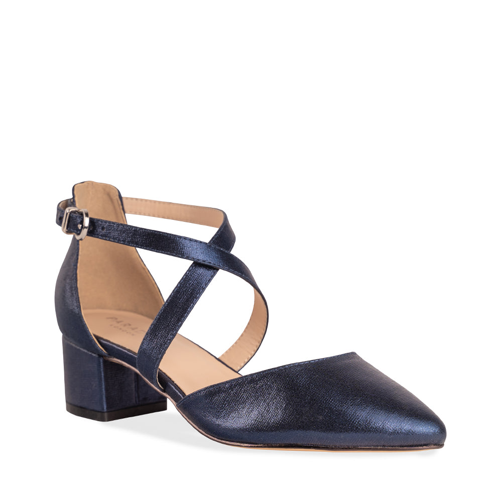 Paradox London Fran Wide Fit Heels Navy Shimmer Wide Fit Low Block Court Shoe