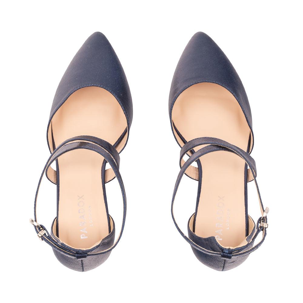 Paradox London Fran Wide Fit Heels Navy Shimmer Wide Fit Low Block Court Shoe