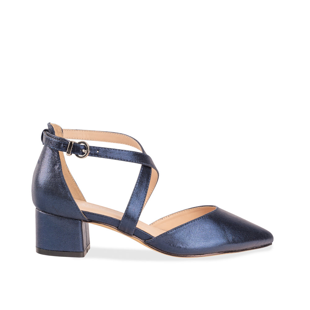 paradox london Fran Wide Fit Heels Navy Shimmer Wide Fit Low Block Court Shoe