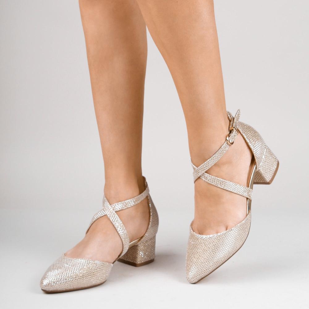 Paradox London Francis Wide Fit Heels Champagne Glitter Wide Fit Low Heel Two Part Shoe