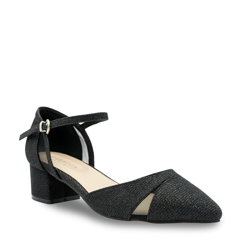 Paradox London Frankie Wide Fit Heels Black Glitter Wide Fit Low Block Court Shoe