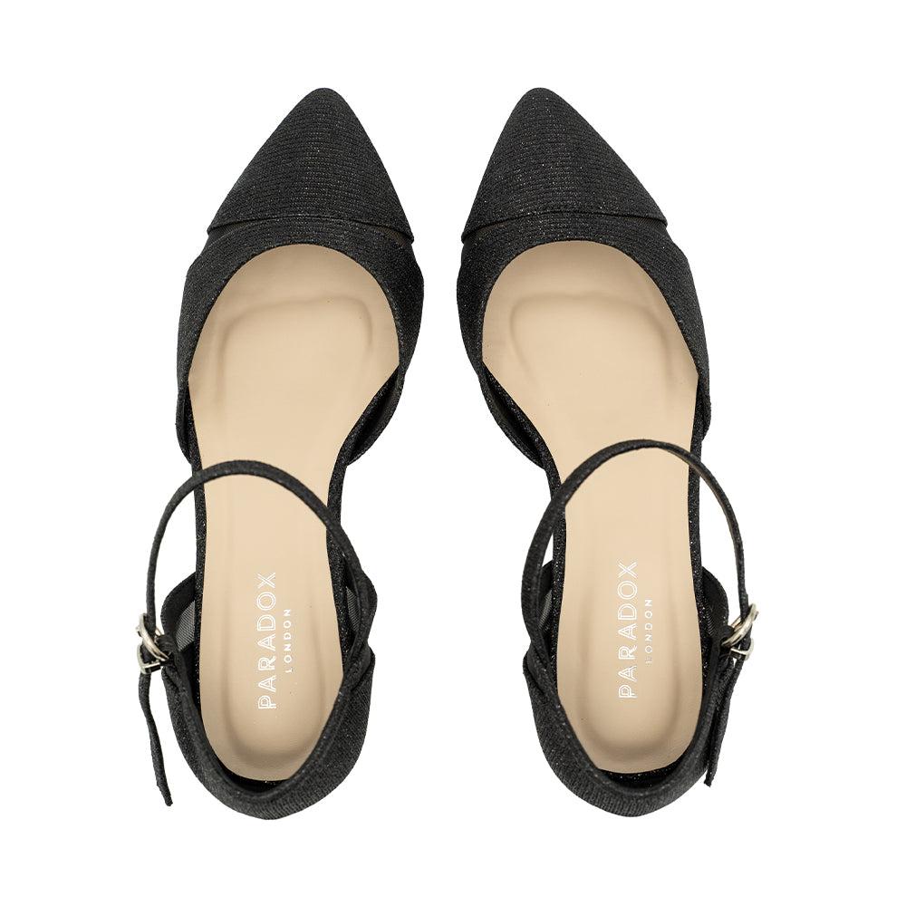 Paradox London Frankie Wide Fit Heels Black Glitter Wide Fit Low Block Court Shoe