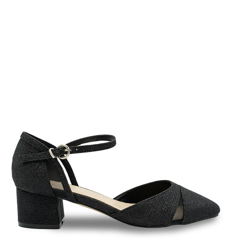 paradox london Frankie Wide Fit Heels Black Glitter Wide Fit Low Block Court Shoe