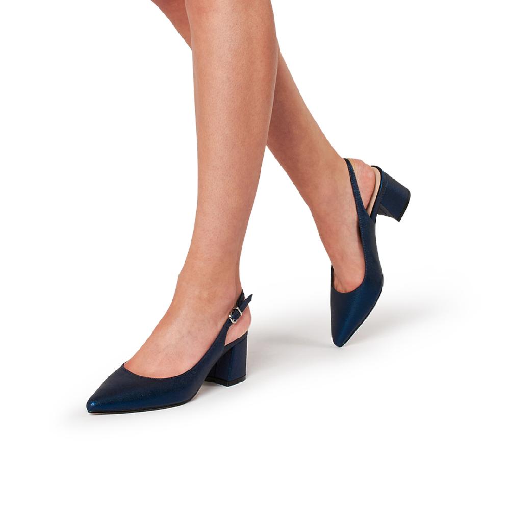 Paradox London Imelda Slingback Heels Navy Shimmer Block Heel Sling Back