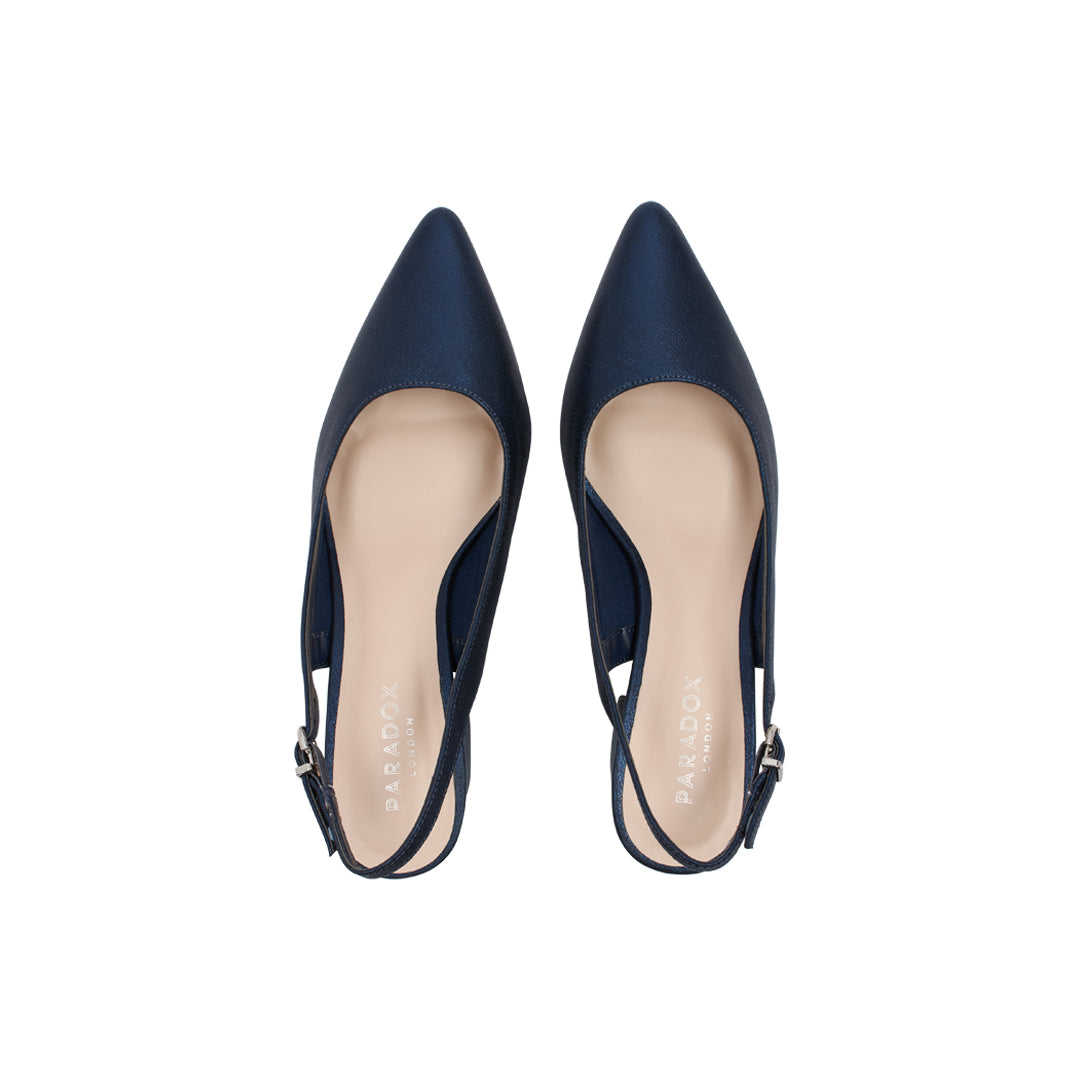 Paradox London Imelda Slingback Heels Navy Shimmer Block Heel Sling Back