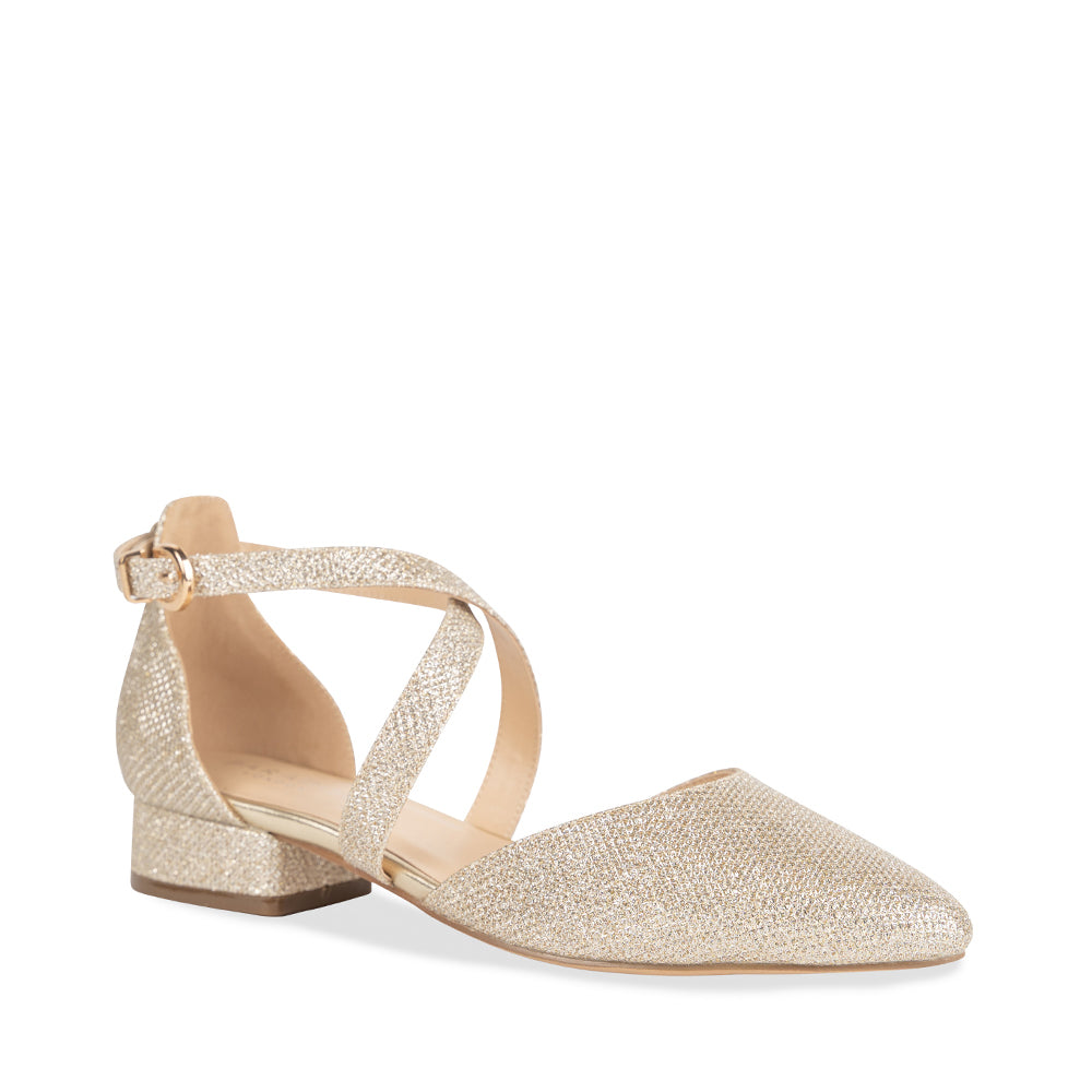 Paradox London Inaya Glitter Mesh Shoes Champagne Glitter Cross Strap Block Heel Court Shoes