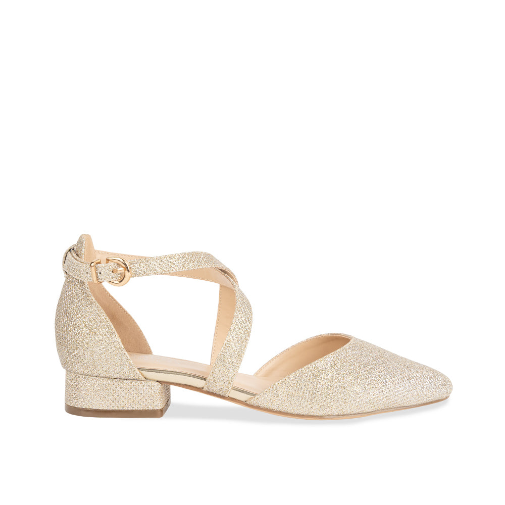 paradox london Inaya Glitter Mesh Shoes Champagne Glitter Cross Strap Block Heel Court Shoes