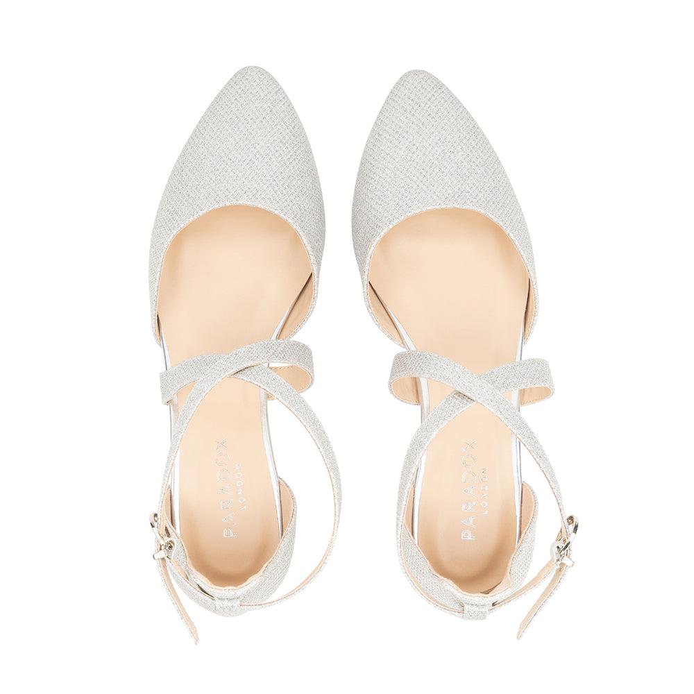 Paradox London Inaya Glitter Mesh Shoes Silver Glitter Cross Strap Block Heel Court Shoes
