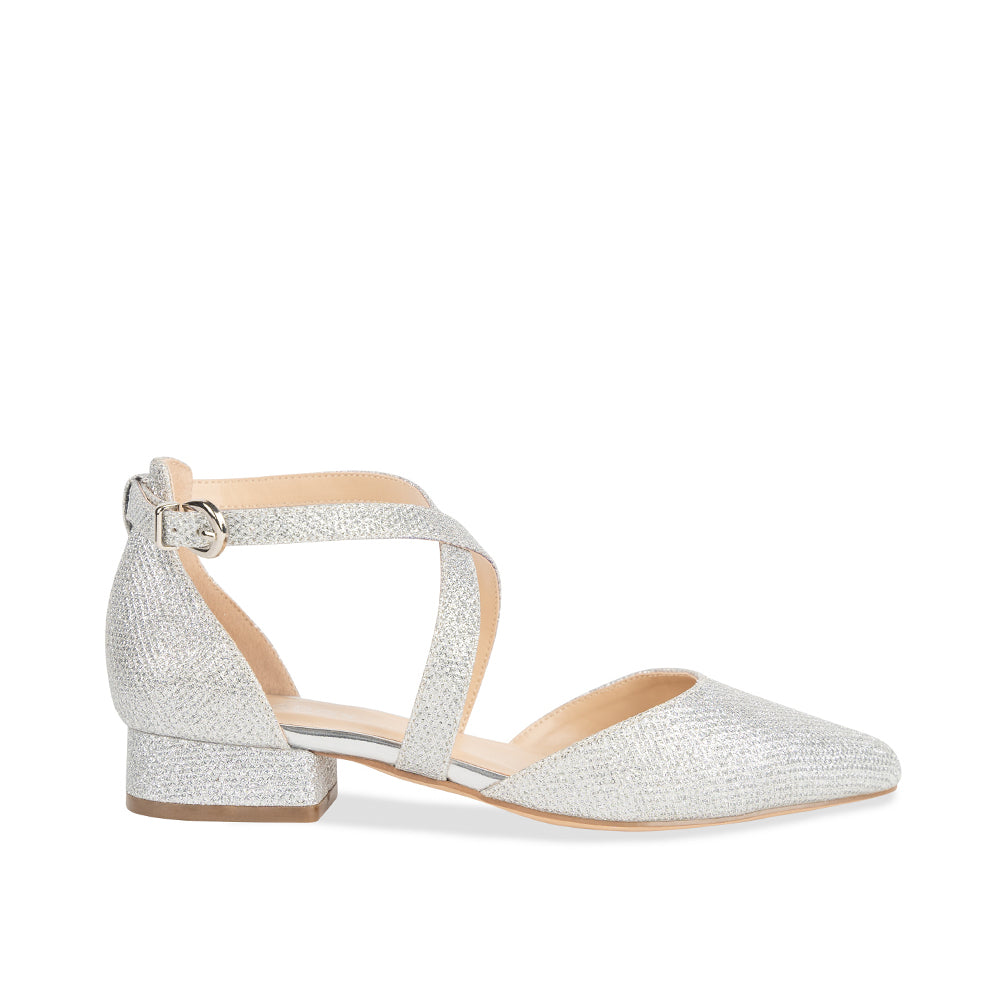 paradox london Inaya Glitter Mesh Shoes Silver Glitter Cross Strap Block Heel Court Shoes