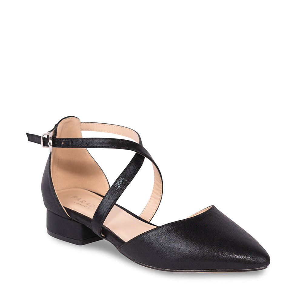 Paradox London Irene Cross Strap Shoes Black Shimmer 'Irene' Cross Strap Block Heel Court Shoes