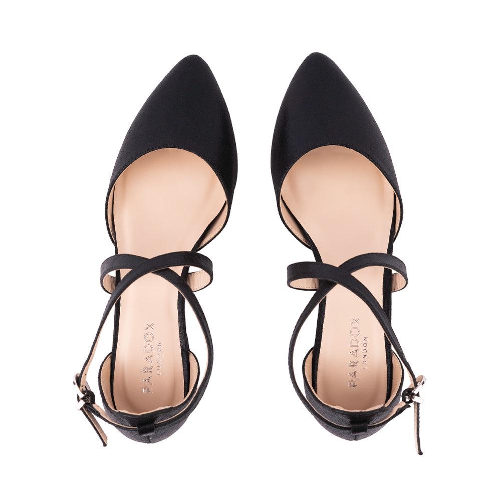 Paradox London Irene Cross Strap Shoes Black Shimmer 'Irene' Cross Strap Block Heel Court Shoes