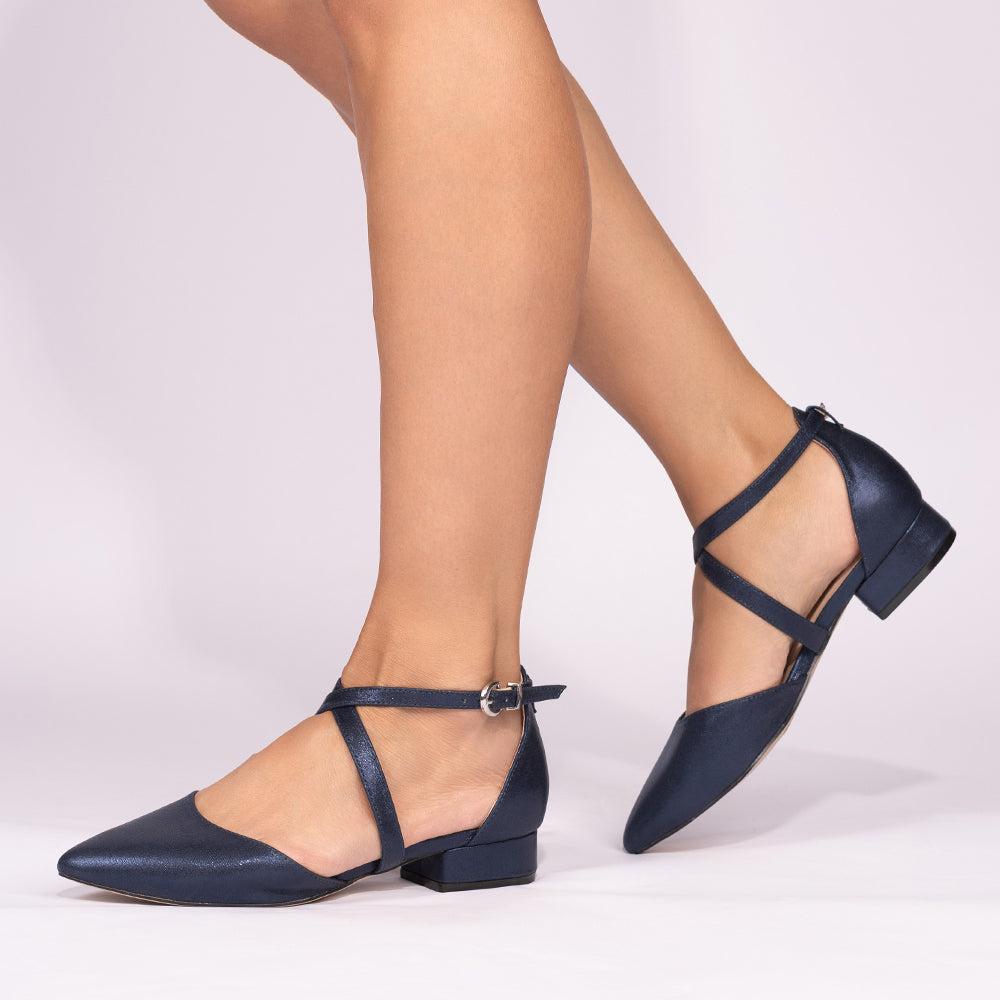 Paradox London Irene Cross Strap Shoes Navy Shimmer 'Irene' Cross Strap Block Heel Court Shoes