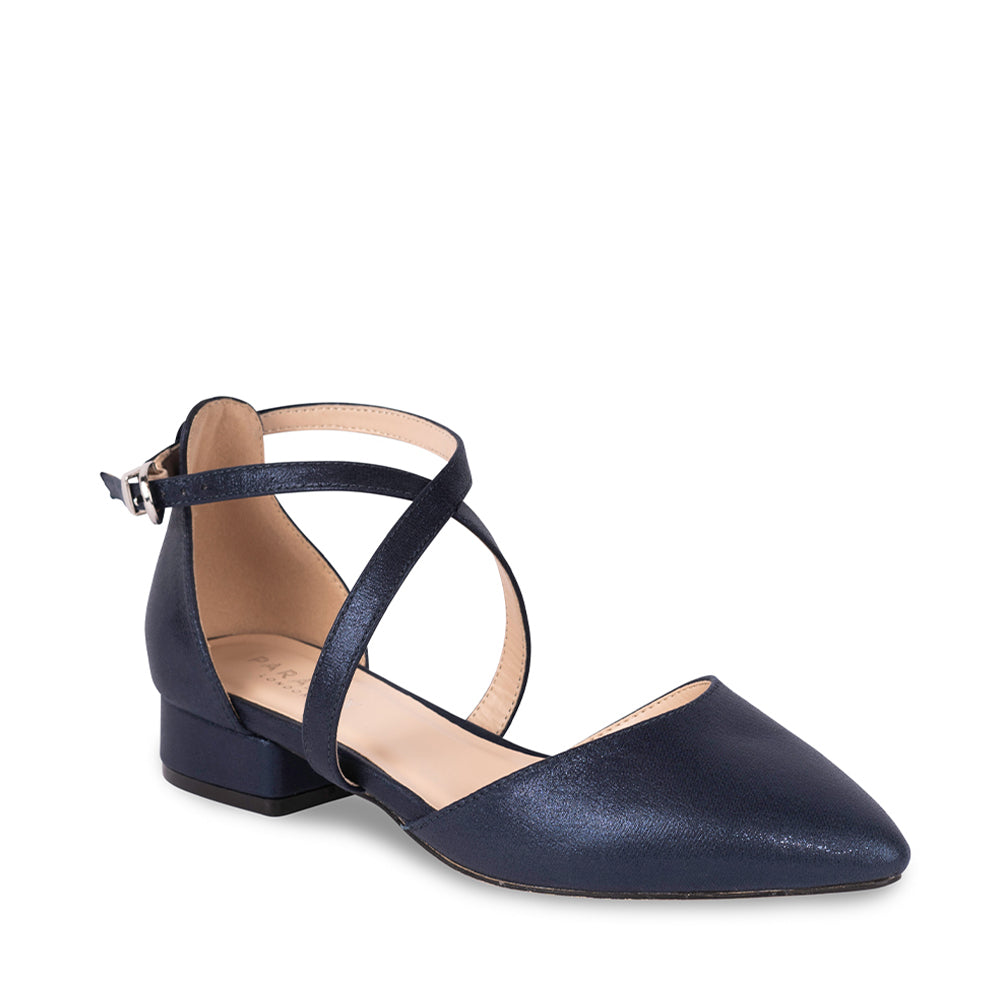 Paradox London Irene Cross Strap Shoes Navy Shimmer 'Irene' Cross Strap Block Heel Court Shoes