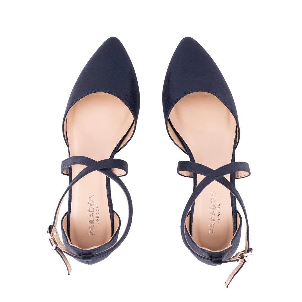 Paradox London Irene Cross Strap Shoes Navy Shimmer 'Irene' Cross Strap Block Heel Court Shoes