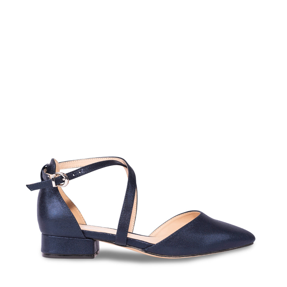 paradox london Irene Cross Strap Shoes Navy Shimmer 'Irene' Cross Strap Block Heel Court Shoes