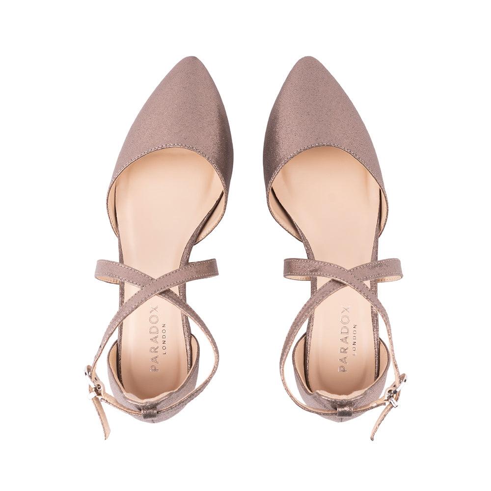 Paradox London Irene Cross Strap Shoes Pewter Shimmer Block Heel Court Shoes