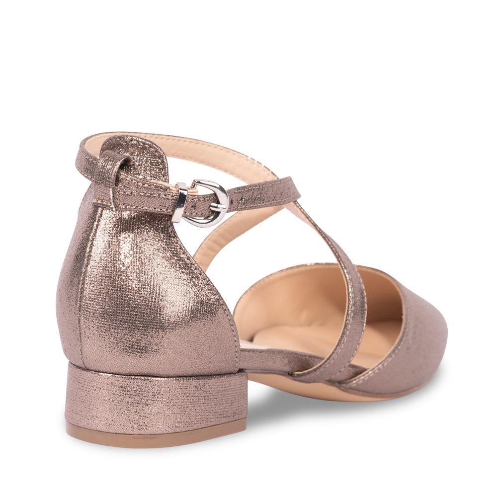 Paradox London Irene Cross Strap Shoes Pewter Shimmer Block Heel Court Shoes