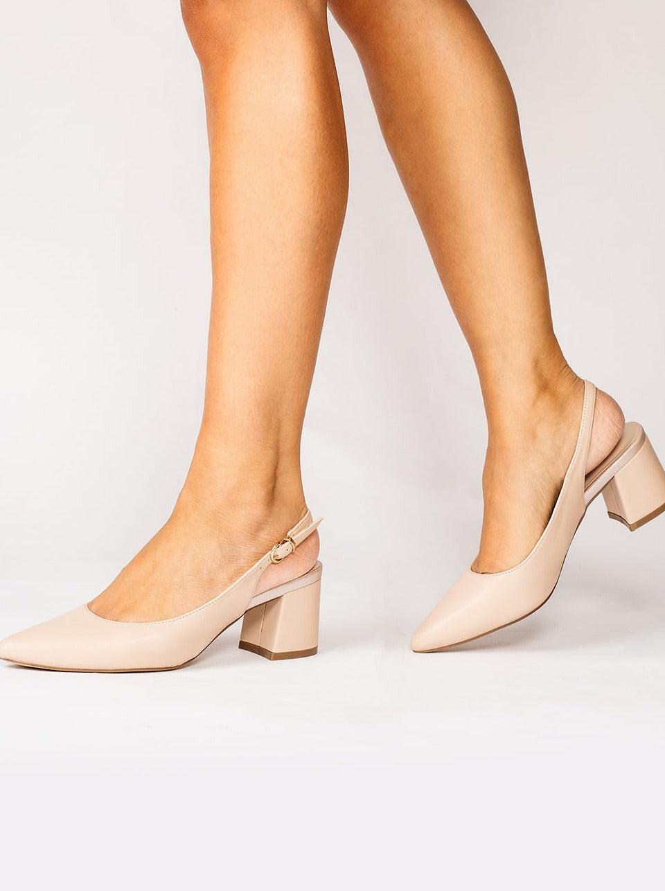 Paradox London Isadora Slingback Heels Nude Faux Leather Mid Block Heel Sling Back Court Shoes