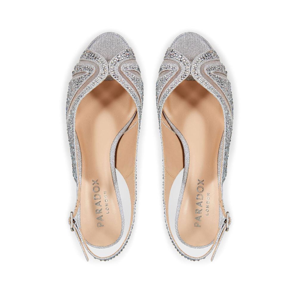 Paradox London Linda Platform Heels Silver Glitter Mid Platform Sling Back Sandal