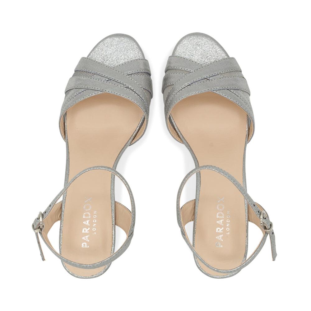 Paradox London Mowenna Heeled Sandals Dark Silver Shimmer Mid Heel Sandals