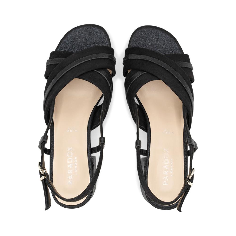 Paradox London Nancy Wide Fit Sandals Black Micro Suede Wide Fit Sling Back Block Heel Sandals