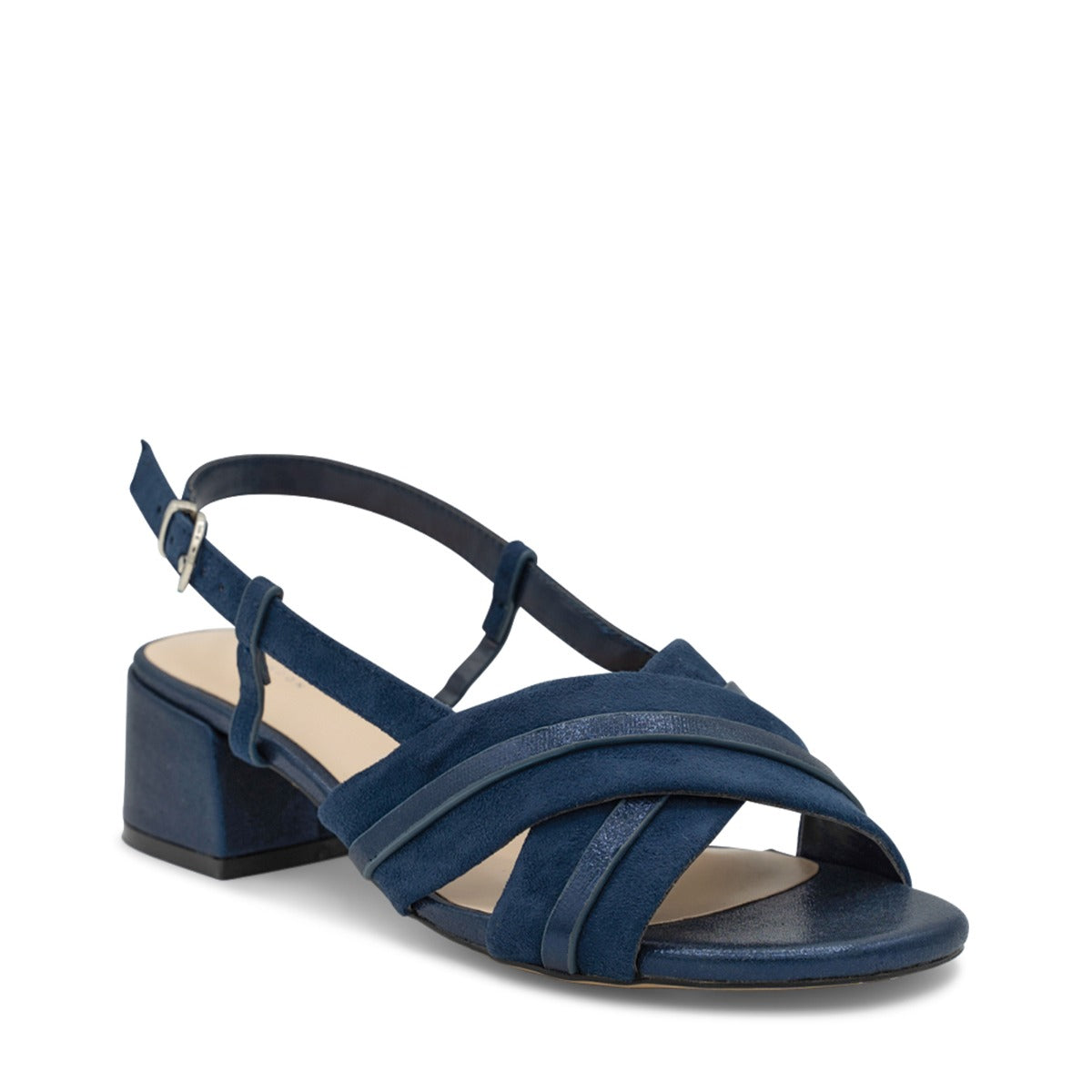 Paradox London Nancy Wide Fit Sandals Navy Micro Wide Fit Suede Sling Back Block Heel Sandals