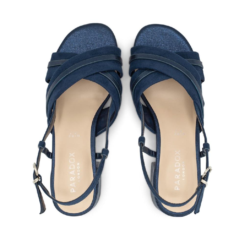 Paradox London Nancy Wide Fit Sandals Navy Micro Wide Fit Suede Sling Back Block Heel Sandals