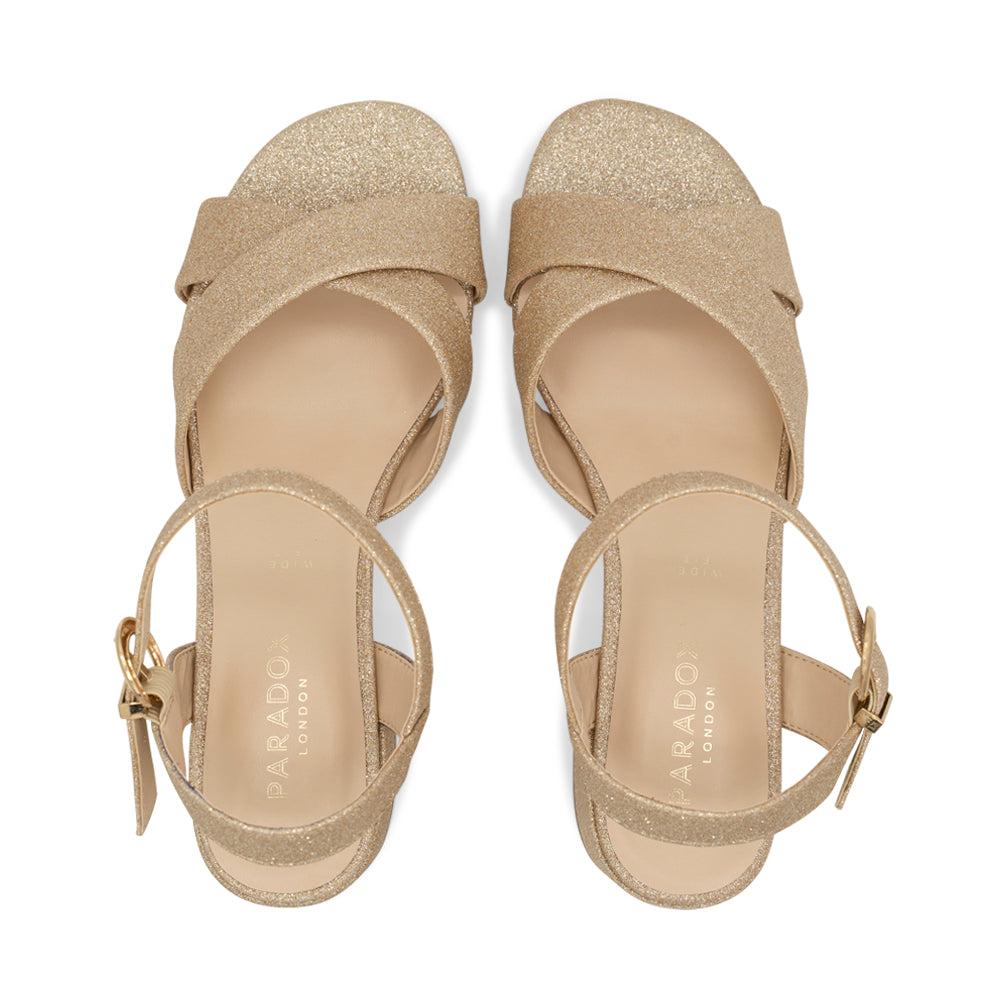 Paradox London Neala Wide Fit Sandals Champagne Shimmer Wide Fit Low Block Heel Ankle Strap Sandals