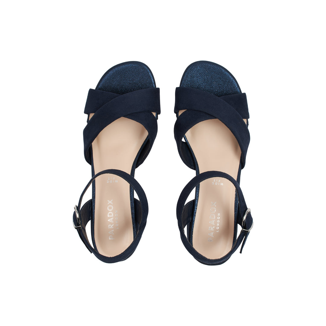 Paradox London Neala Wide Fit Sandals Navy Microsuede Block Heel Sandal